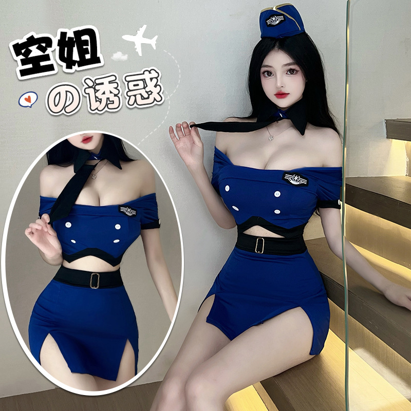 性感空姐制服诱惑火辣情趣内衣(女空姐帽+上衣+翻领领带+包臀裙+T裤)